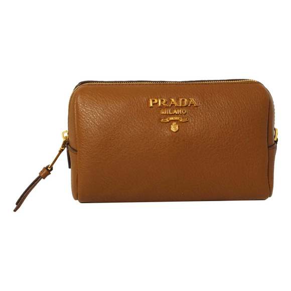 Prada Vitello Daino Cannella Brown Leather Cosmetic Pouch Clutch - Picture 1 of 8